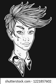 Guy in manga style. Vector isolated illustration. Fantasy art, beauty, boho style stickers, coloring books.