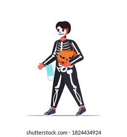 guy in mask wearing skeleton costume halloween party celebration coronavirus quarantine concept full length isolated vector illustration