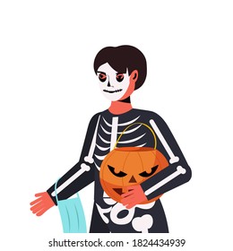 guy in mask wearing skeleton costume halloween party celebration coronavirus quarantine concept portrait isolated vector illustration