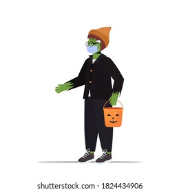 guy in mask wearing zombie costume holding bucket with pumpkin happy halloween party celebration coronavirus quarantine concept full length isolated vector illustration