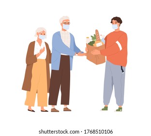 Guy in medical mask giving package with food to elderly man and woman vector flat illustration. Male courier bring order of groceries to aged couple isolated. Delivery service or support seniors