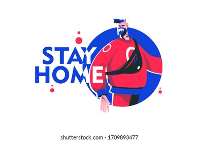 Guy in medical mask vector illustration. Stay home inscription flat style design. Self isolation and home quarantine concept. Isolated on white background