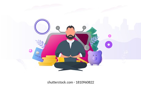 The guy is meditating on the background of a wallet with coins, credit cards and a piggy bank. Money saving and accumulation concept. Suitable for business presentations and articles.
