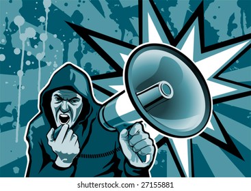 Guy with megaphone, illustration, dirty style