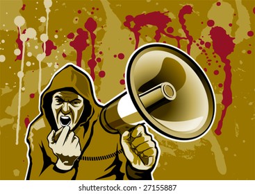 Guy with megaphone, illustration, dirty style