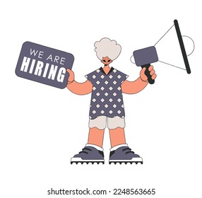 A guy with a megaphone, symbolizing the search for people in the labor market. human drawing.
