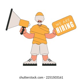 A guy with a megaphone, symbolizing the search for people in the labor market. Human resource and recruitment.