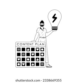 Guy , message design and fall clean bulb . capable of social network . black and White linear vogue. Trendy style, Vector Illustration