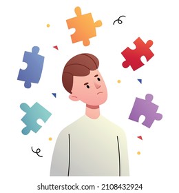 The guy in the middle of the puzzles.Cognitive development, mental mindset, creative thinking. Concept of project finishing, work solutions, suggestion of creative ideas.
