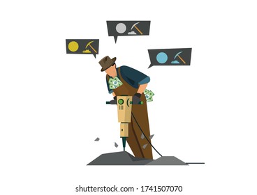 A Guy Miner Gold Iron Mining Concept. Drilling Cave. Greedy, Concept, Minerals. Vector Flat Illustration