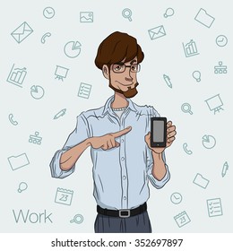 Guy with mobile app. Email marketing of mobile app, startup, website. Vector cloud service and social network in mobile app. Marketing of mobile apps. Email marketing in mobile app.    