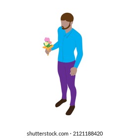Guy in modern clothes holds a bouquet of flowers in his hand. Romantic man in isometric view.