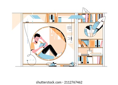 Guy in modern library vector illustration. Young man reading book sitting in round hole flat style. Collection of books on shelves. Development and hobby concept. Isolated on white background