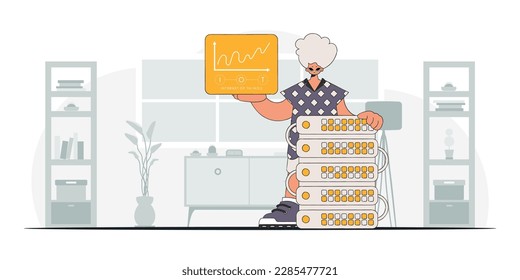 Guy with modern style, grasping an Internet of Things logo vector.