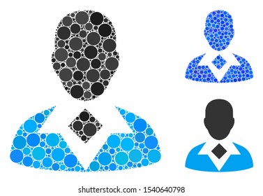 Guy mosaic of circle elements in different sizes and color tones, based on guy icon. Vector circle elements are combined into blue mosaic. Dotted guy icon in usual and blue versions.