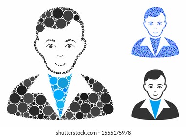 Guy mosaic of round dots in various sizes and shades, based on guy icon. Vector round dots are composed into blue mosaic. Dotted guy icon in usual and blue versions.