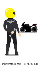 a guy a motorcyclist in a helmet and a leather jacket stands opposite a motorcycle of a sports black color 