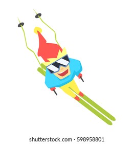 Guy Mountain Skiing From Above, Part Of Teenagers Practicing Extreme Sports For Recreation Set Of Cartoon Characters