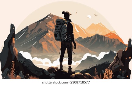 The guy in the mountains looks into the distance. The guy looks into the distance. vector illustration