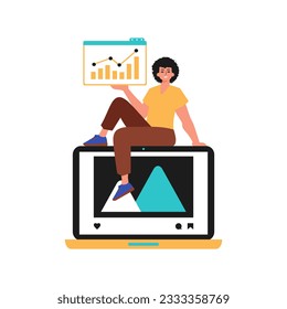 Guy with movie and growth chart . The topic of message publishing plan. Trendy style, Vector Illustration