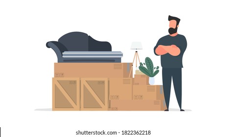 The guy is moving. A man stands with a pile of boxes. Sofa, houseplants, cardboard boxes. Moving home. Isolated. Vector.