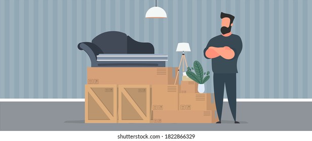 The guy is moving. A man stands with a pile of boxes. Sofa, houseplants, cardboard boxes. Moving home. Vector.
