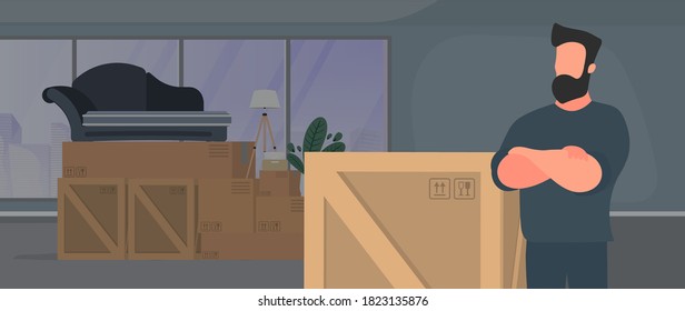 The guy is moving. A man stands with a pile of boxes. Sofa, houseplants, cardboard boxes. Moving home. Vector.