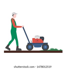 Guy mowing grass. Flat vector illustration.  artificial turf. green grass. Grass, lawn and lawn mower. Vector illustration. White background