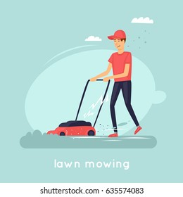 Guy mowing grass. Flat vector illustration in cartoon style.