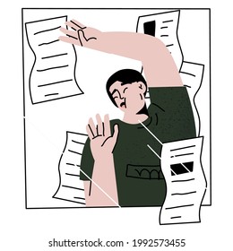 Guy was nailed to the glass by an endless stream of cases, exhaustion and burnout from a large amount of work. Cartoon style. Flat design. Hand drawn isolated Vector illustrations