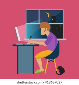 Guy In The Night At Home Working Freelance Flat Vector Illustration In Bright Colorful Simplified Infographic Style 