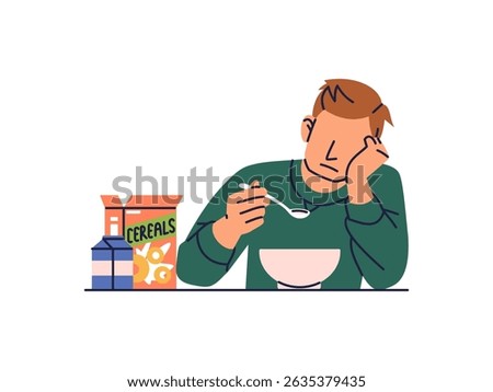 Guy with no appetite flat illustration. Depressed Caucasian guy sitting at table with leaning head on her hand looking at cereal's meal with sadness in his facial expression having lost appetite