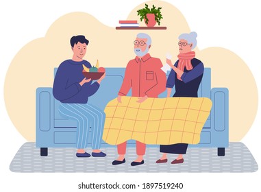 Guy offers food to people with runny nose. Man helping elderly sick couple in quarantine. Coronavirus pandemic concept. Covid-19 treatment and prevention. Male character holding a plate of fruit