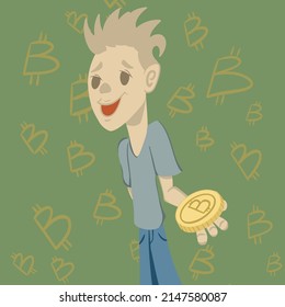 The guy offers to take bitcoin. Illustration of a cute character. Can be used for various web resources