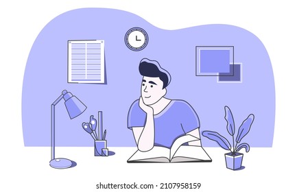 El tipo de la oficina está reflexionando alegremente sobre sus planes para el futuro mientras lee un libro. Descanso de almuerzo. Un día corto en el trabajo. Soñando con algo. Inspiración. Vector.
