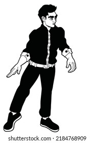 A guy office worker drawn in a cartoon comic style of anime and manga stands in a shirt, pants and shoes on him. He has short hair, contour coloring with shadows