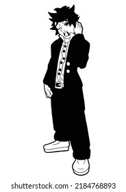 Guy office worker tired yawns, he is drawn in a cartoon style of anime stands in a jacket in trousers, in shirts and black shoes contour drawing coloring book with shadows
