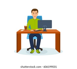 The guy in the office, working at his computer on the project, at a table sipping coffee. Vector illustration isolated in cartoon style.