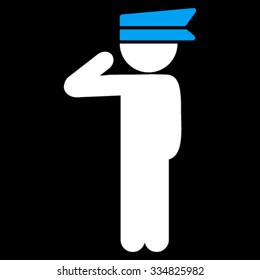 Guy Officer vector icon. Style is bicolor flat symbol, blue and white colors, rounded angles, black background.