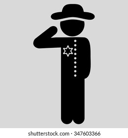 Guy Officer vector icon. Style is flat symbol, black color, rounded angles, light gray background.