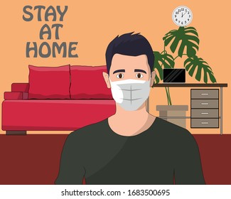guy on the background of the sofa and laptop,stay at home,covid-19,vector illustration