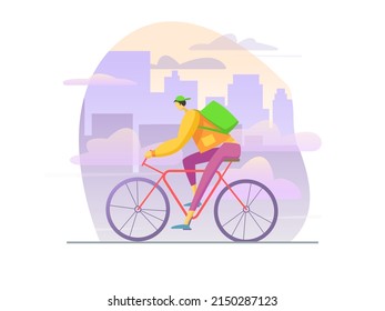 A guy on a bicycle with a backpack on the background of the urban landscape. Vector graphics.