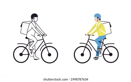 Guy on bike delivers food, vector illustration. Material for pizzerias, cafes, restaurants. Cyclist is in hurry to make online delivery. Travel bag for transporting products. Sustainable transport.