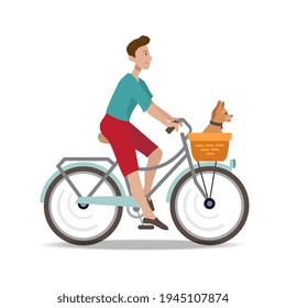 Guy on a bike with a dog. Vector illustration in flat style.