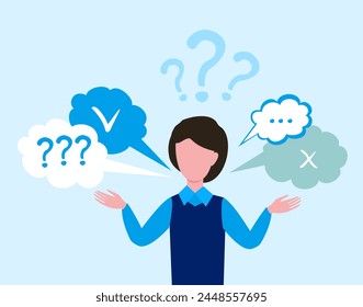 The guy on a blue background, with an emotion of misunderstanding. Worried people concept. Characters find solutions to problems and overcome obstacles. Dilemma or thinking. Cartoon flat vector 