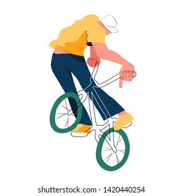 Guy on bmx, disproportionate flat with outlines vector illustration, isolated overexaggerated bicyclist on white background. Character people modern design.