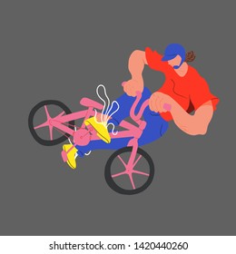 Guy on bmx make trick, disproportionate bright flat vector illustration, isolated overexaggerated bicyclist on grey background. Character people modern design.
