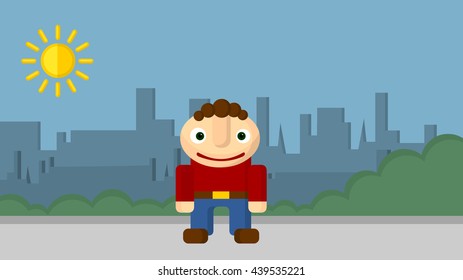 Guy on city background. Vector illustration in flat style. 