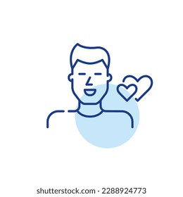 Guy on dating website looking for romantic attraction. Male user. Two hearts finding match. Pixel perfect icon