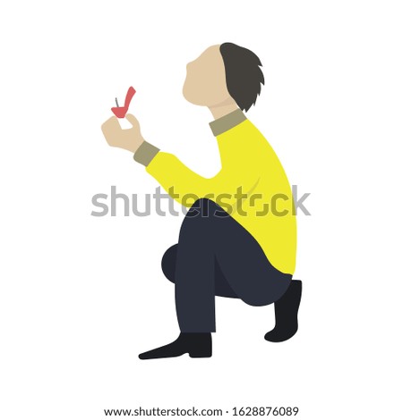 The guy is on his knee holding the ring box. Vector illustration in flat style